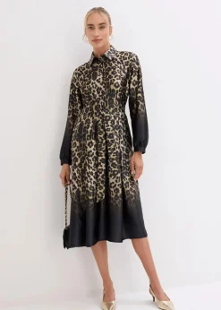 bonprix Bekleidung·Pullover & Strickjacken|Kleider^Satin-Hemdblusenkleid schwarz/sand leo bedruckt