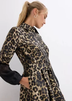bonprix Bekleidung·Pullover & Strickjacken|Kleider^Satin-Hemdblusenkleid schwarz/sand leo bedruckt