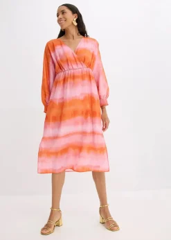bonprix Kleider|Bekleidung·Pullover & Strickjacken^Satin-Midikleid mit Batik-Print rosa/orange bedruckt