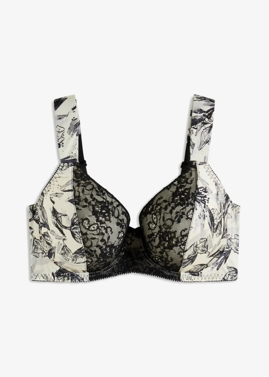 bonprix Wäsche·Dessous|Wäsche·Große Cups D-H^Schalen BH mit Bügel und glänzendem Material naturbeige/schwarz geblümt