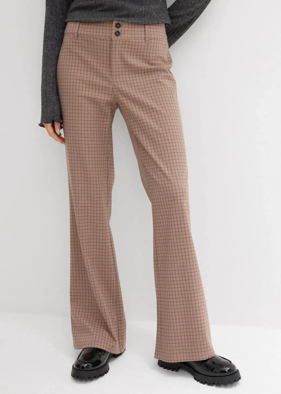 bonprix Nachhaltigere Materialien|Hosen^Schlaghose mit hohem Bund taupe/graubraun/dunkelbraun kariert