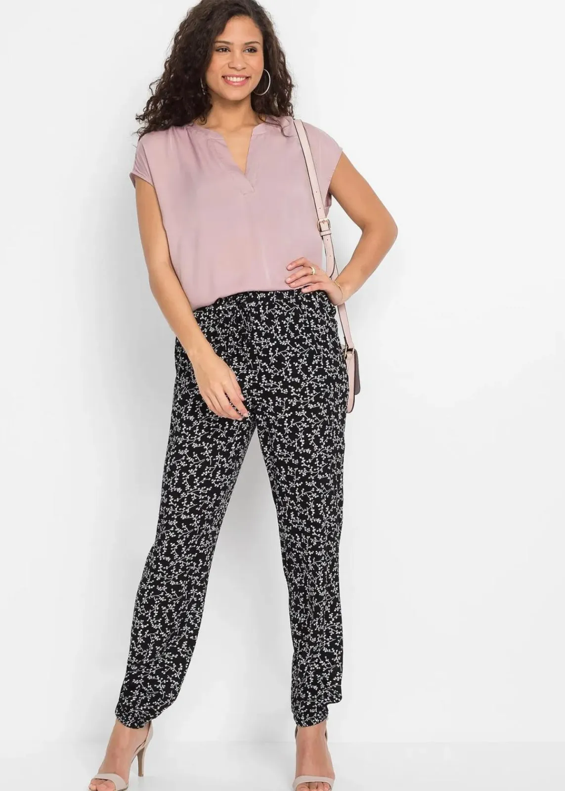 bonprix Hosen|Bekleidung·Kleider^Schlupfhose aus reiner Viskose schwarz/wollweiß floral