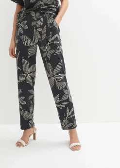 bonprix Bekleidung·Kleider|Hosen^Schlupfhose mit Bindeband schwarz/kieselbeige geblümt