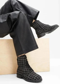 bonprix Boots^Schnürboots in Bouclé-Optik schwarz/weiß