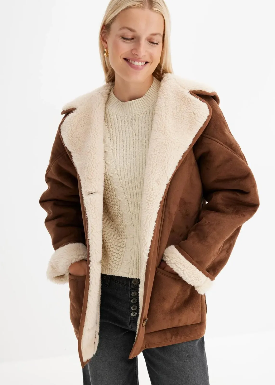 bonprix Jacken & Mäntel^Shearling Jacke mit Kapuze hellbraun