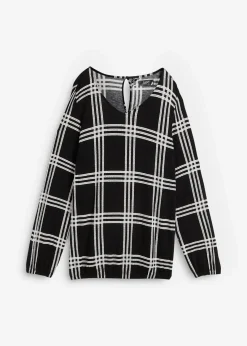 bonprix Shirts & Tops^Shirt mit elastischem Saum, langarm schwarz/wollweiß kariert