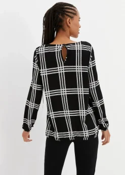 bonprix Shirts & Tops^Shirt mit elastischem Saum, langarm schwarz/wollweiß kariert