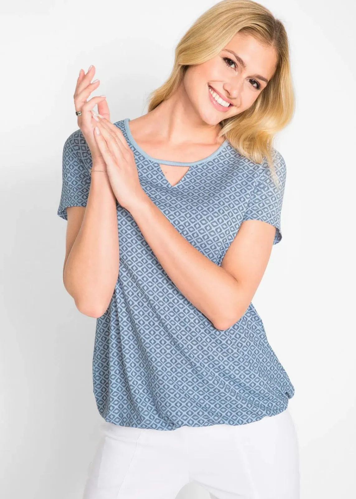 bonprix Shirts & Tops^Shirt mit Gummizug, Kurzarm indigo graphisch bedruckt