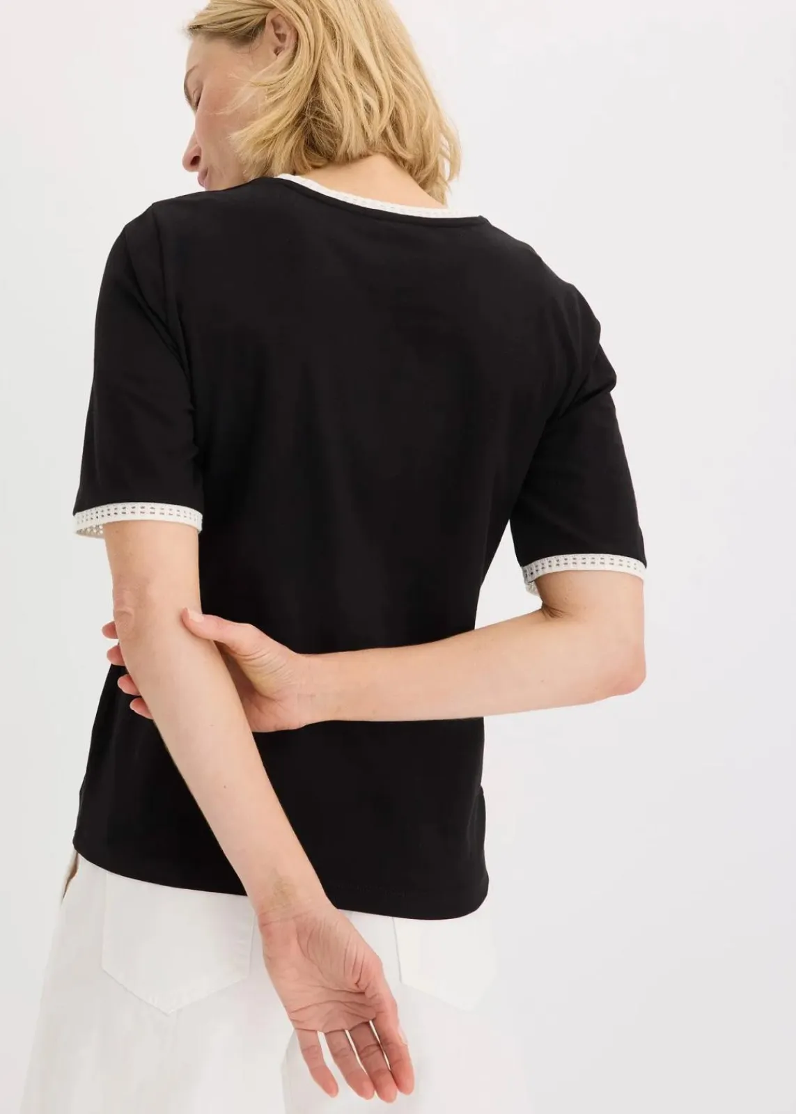 bonprix Shirts & Tops^Shirt mit Spitzenborte schwarz/wollweiß
