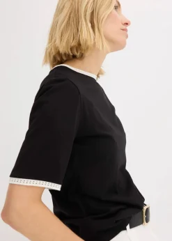 bonprix Shirts & Tops^Shirt mit Spitzenborte schwarz/wollweiß