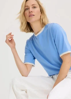 bonprix Shirts & Tops^Shirt mit Spitzenborte mittelblau/wollweiß