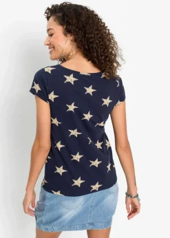 bonprix Nachhaltigere Materialien|Shirts & Tops^Shirt mit Sternen dunkelblau/beige bedruckt