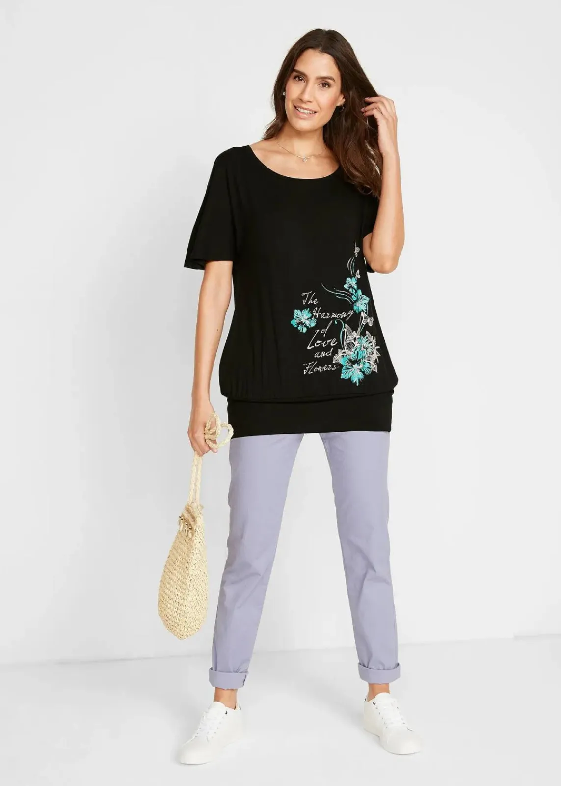 bonprix Shirts & Tops|Nachhaltigere Materialien^Shirt mit U-Boot Ausschnitt, Halbarm schwarz floral