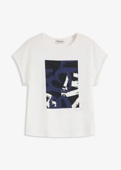 bonprix Shirts & Tops^Shirt mit Viskose und Glitzersteinen wollweiß/indigo bedruckt