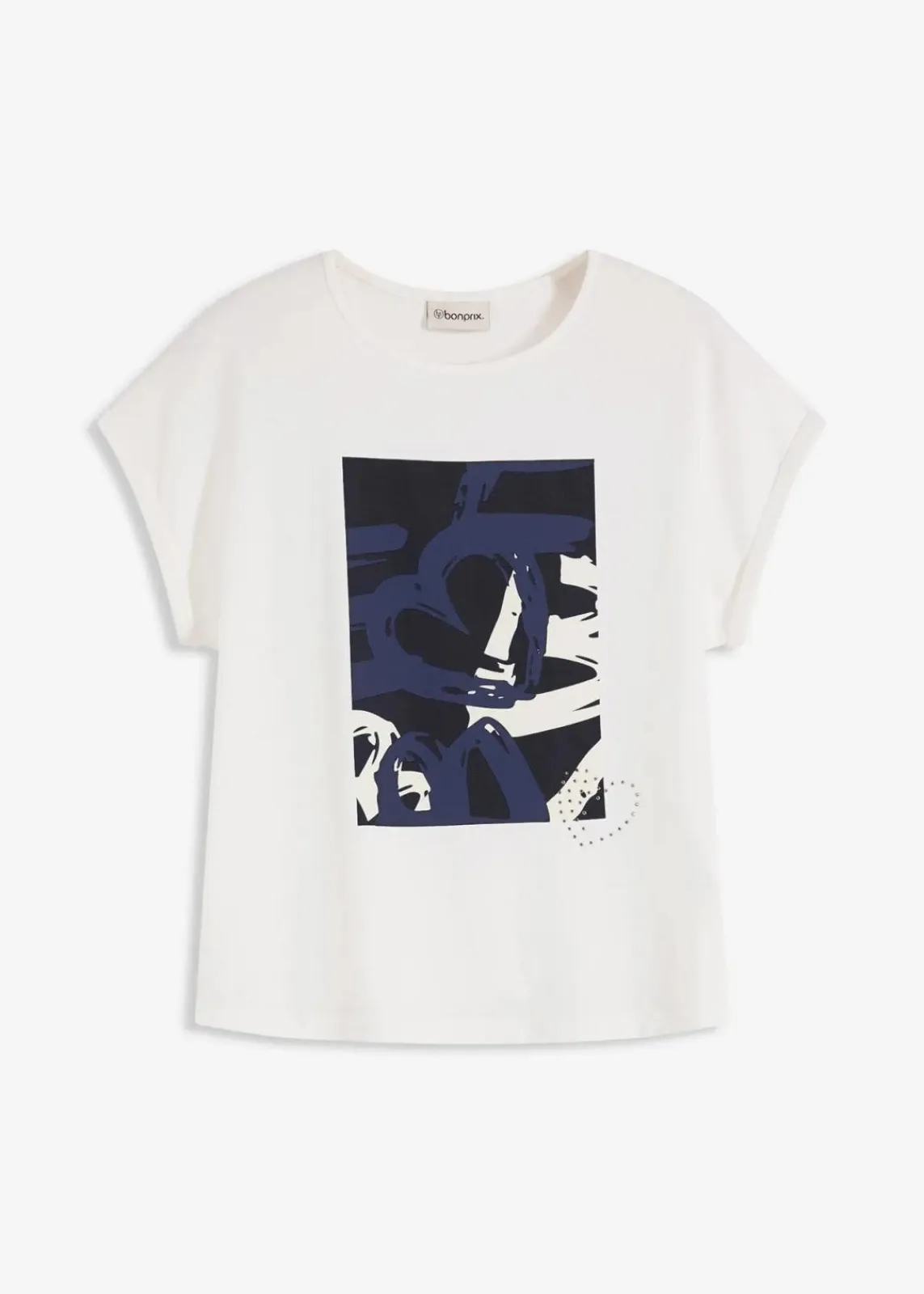 bonprix Shirts & Tops^Shirt mit Viskose und Glitzersteinen wollweiß/indigo bedruckt