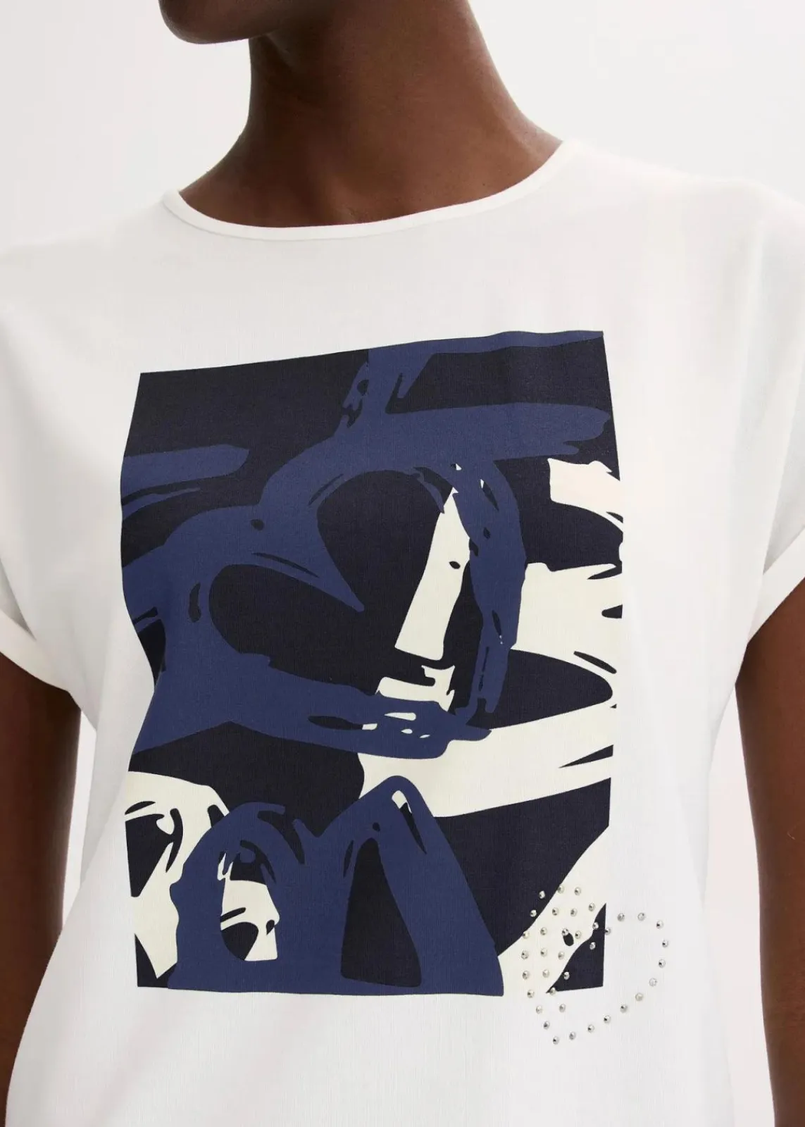 bonprix Shirts & Tops^Shirt mit Viskose und Glitzersteinen wollweiß/indigo bedruckt