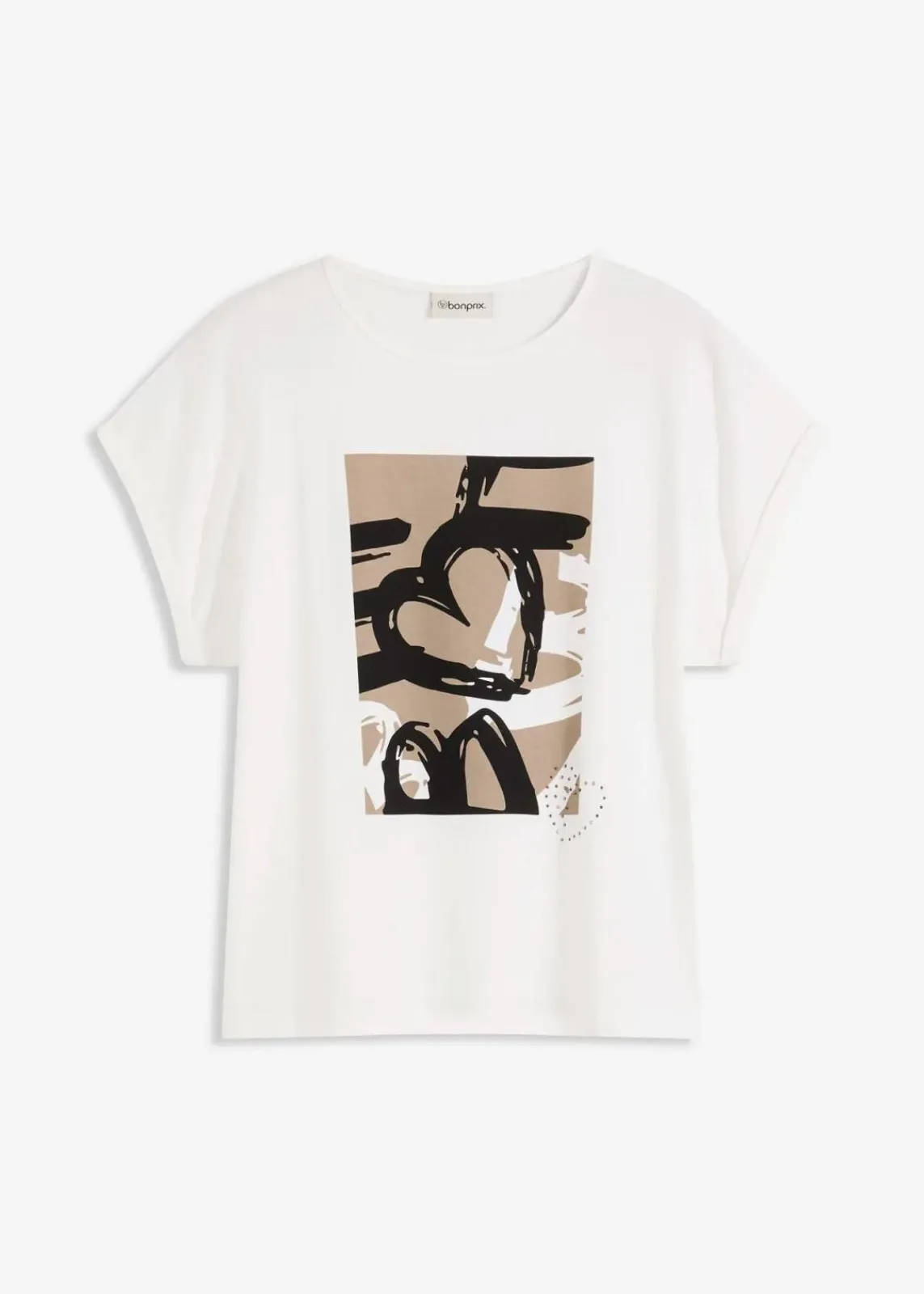 bonprix Shirts & Tops^Shirt mit Viskose und Glitzersteinen wollweiß/taupe bedruckt