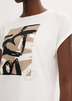 bonprix Shirts & Tops^Shirt mit Viskose und Glitzersteinen wollweiß/taupe bedruckt