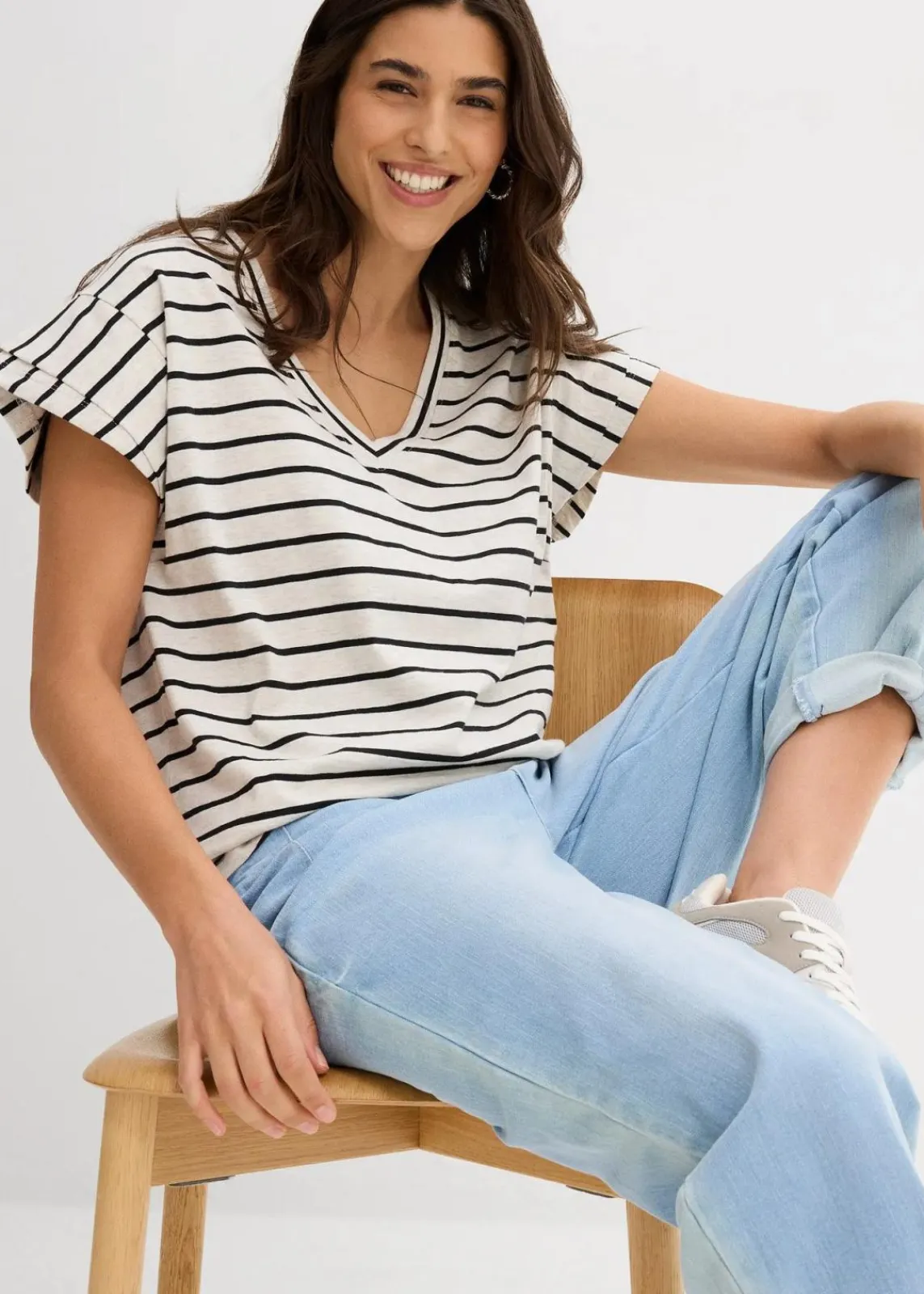 bonprix Shirts & Tops^Shirt mit Volantärmeln natur/schwarz gestreift