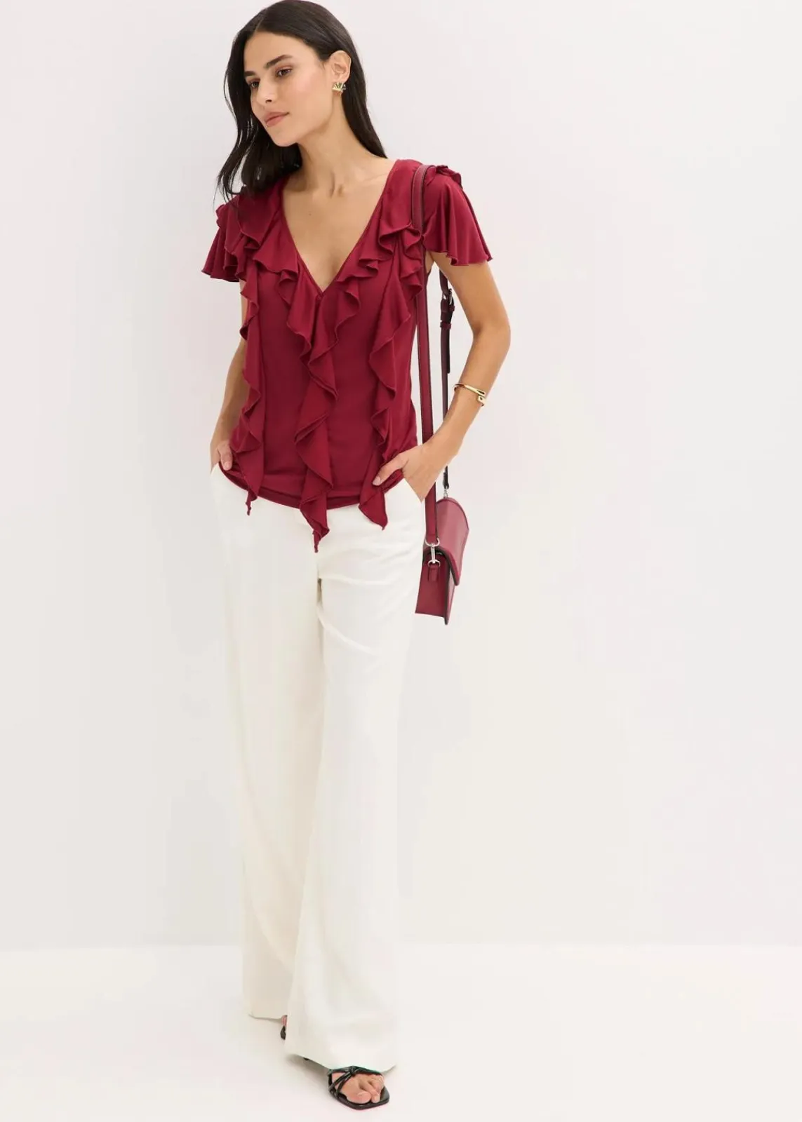 bonprix Shirts & Tops^Shirt mit Volants aus softem Modal-Mix pflaumenrot