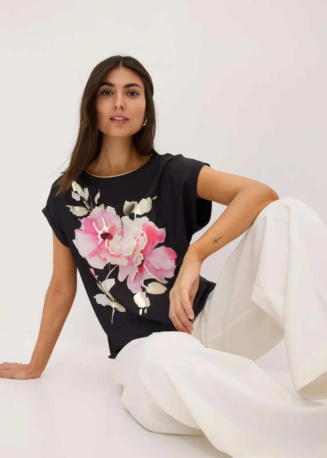 bonprix Shirts & Tops^Shirt mit Webeinsatz schwarz/pink floral