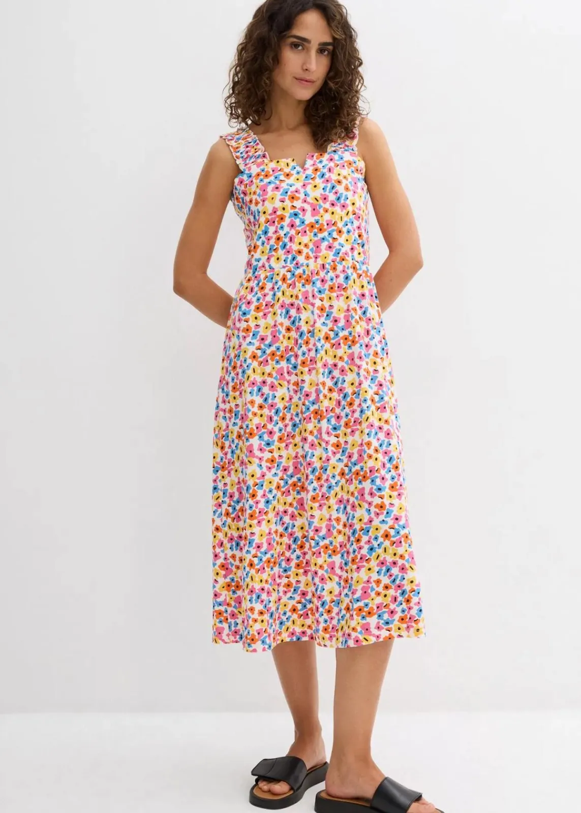 bonprix Kleider|Bekleidung·Pullover & Strickjacken^Shirtkleid aus Baumwoll-Viskose-Mix wollweiß/brilliantblau/gelb/pink/warmorange/schwarz bedruckt