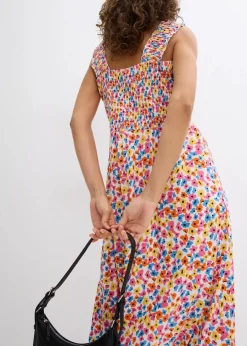 bonprix Kleider|Bekleidung·Pullover & Strickjacken^Shirtkleid aus Baumwoll-Viskose-Mix wollweiß/brilliantblau/gelb/pink/warmorange/schwarz bedruckt