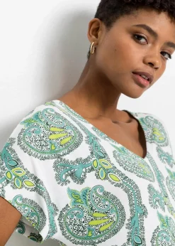 bonprix Nachhaltigere Materialien|Kleider^Shirtkleid aus fließendem Viskose-Elasthan-Mix weiß/türkis paisley
