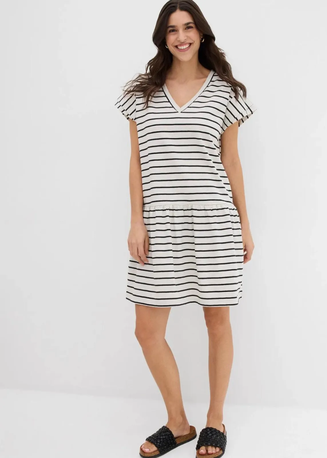 bonprix Kleider^Shirtkleid aus reiner Baumwolle natur/schwarz gestreift