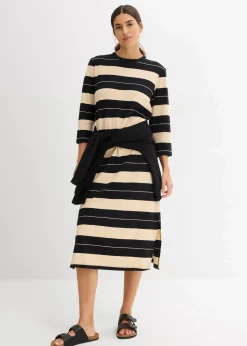 bonprix Bekleidung·Pullover & Strickjacken|Kleider^Shirtkleid aus reiner Baumwolle schwarz/beige gestreift