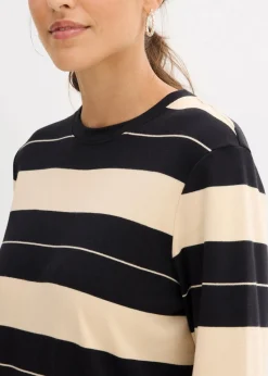 bonprix Bekleidung·Pullover & Strickjacken|Kleider^Shirtkleid aus reiner Baumwolle schwarz/beige gestreift