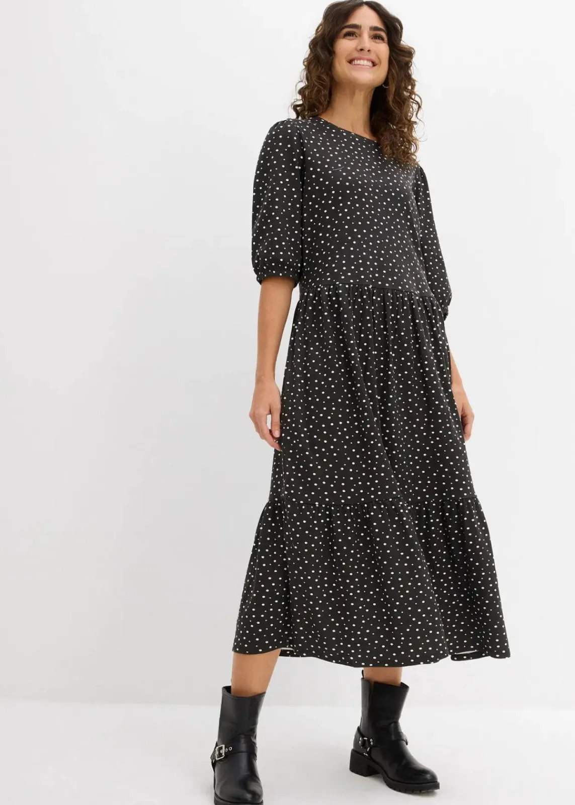 bonprix Kleider|Bekleidung·Pullover & Strickjacken^Shirtkleid aus reiner Baumwolle schwarz/wollweiß gepunktet