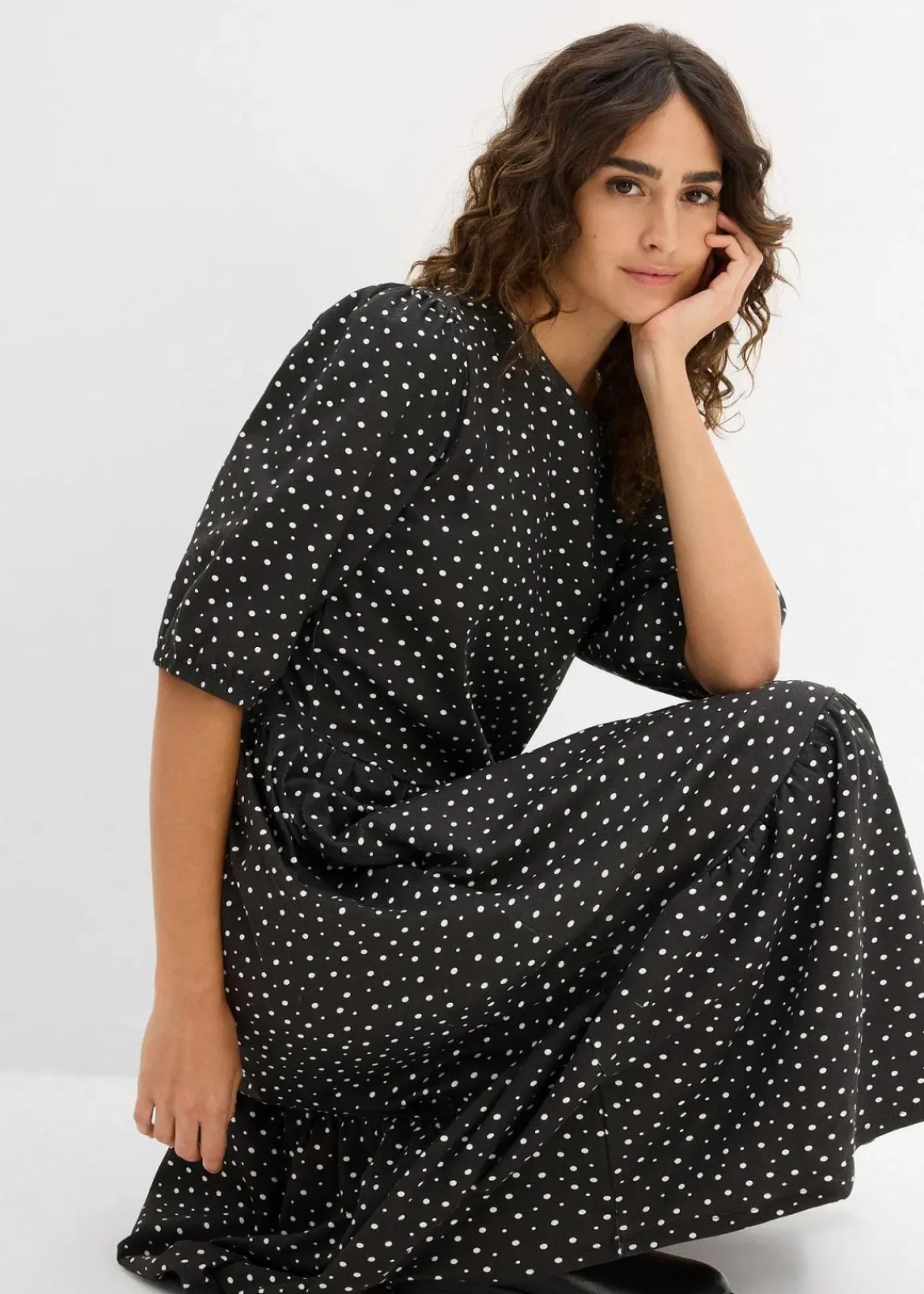 bonprix Kleider|Bekleidung·Pullover & Strickjacken^Shirtkleid aus reiner Baumwolle schwarz/wollweiß gepunktet