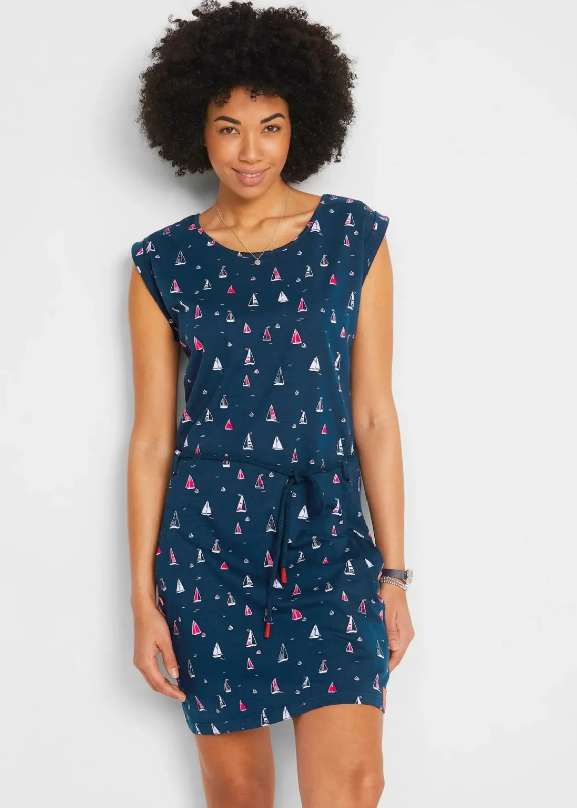 bonprix Kleider|Bekleidung·Pullover & Strickjacken^Shirtkleid mit Flügelärmeln und Druck dunkelblau bedruckt