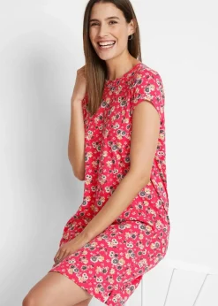 bonprix Bekleidung·Pullover & Strickjacken|Kleider^Shirtkleid mit seitlichen Schlitzen aus reiner Baumwolle (2er Pack) hibiskuspink geblümt+schwarz uni