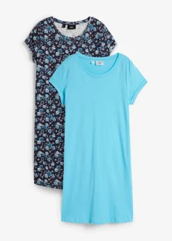 bonprix Kleider|Bekleidung·Pullover & Strickjacken^Shirtkleid mit seitlichen Schlitzen aus reiner Baumwolle (2er Pack) dunkelblau geblümt+karibikblau uni