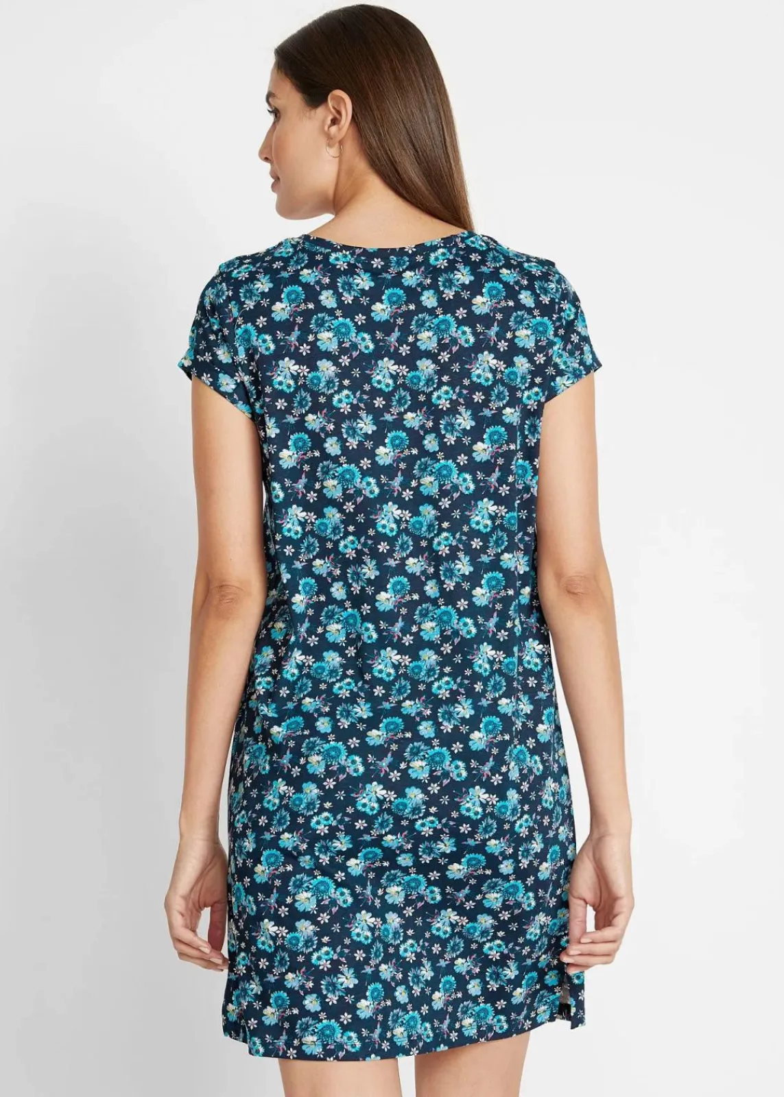 bonprix Kleider|Bekleidung·Pullover & Strickjacken^Shirtkleid mit seitlichen Schlitzen aus reiner Baumwolle (2er Pack) dunkelblau geblümt+karibikblau uni