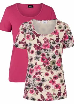 bonprix Nachhaltigere Materialien|Shirts & Tops^Shirts (2er Pack) beerenrot uni+kieselbeige geblümt, beerenrot uni+kieselbeige geblümt