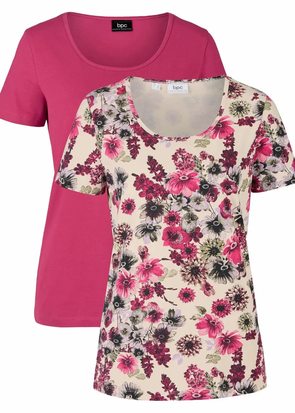 bonprix Nachhaltigere Materialien|Shirts & Tops^Shirts (2er Pack) beerenrot uni+kieselbeige geblümt, beerenrot uni+kieselbeige geblümt