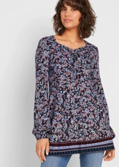bonprix Shirts & Tops|Nachhaltigere Materialien^Shirt-Tunika aus Baumwoll-Viskose-Mix dunkelblau floral