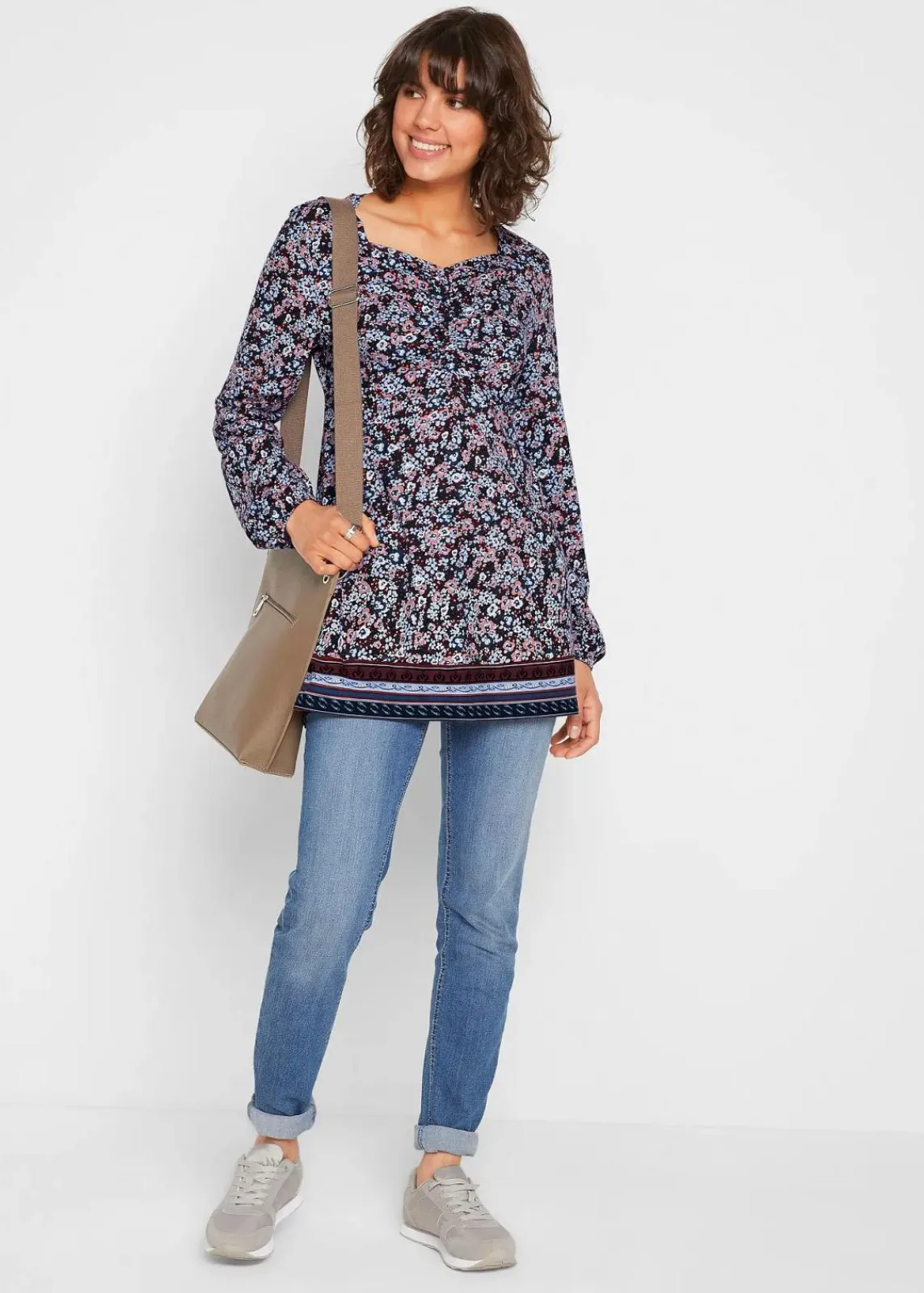 bonprix Shirts & Tops|Nachhaltigere Materialien^Shirt-Tunika aus Baumwoll-Viskose-Mix dunkelblau floral