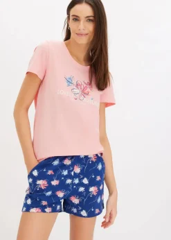 bonprix Wäsche·Nachtwäsche|Nachhaltigere Materialien^Shorty mit längerer Shorts softrosa/tiefseeblau geblümt