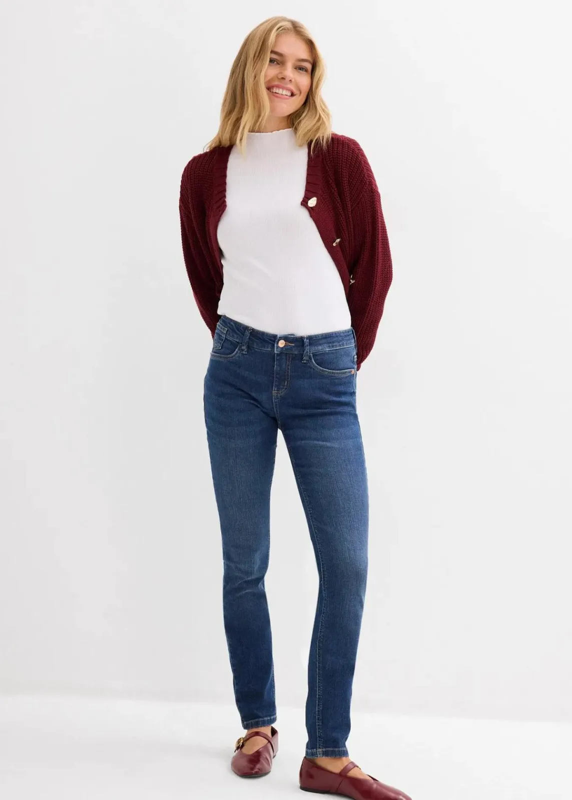 bonprix Kurzgrößen|Bekleidung·Shirts & Tops^Skinny Jeans Mid Waist, Bio Baumwolle dunkelblau denim used