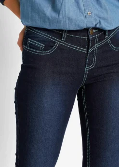 bonprix Bekleidung·Shirts & Tops|Jeans^Skinny Jeans Mid Waist, Kontrastnähte dunkelblau denim used