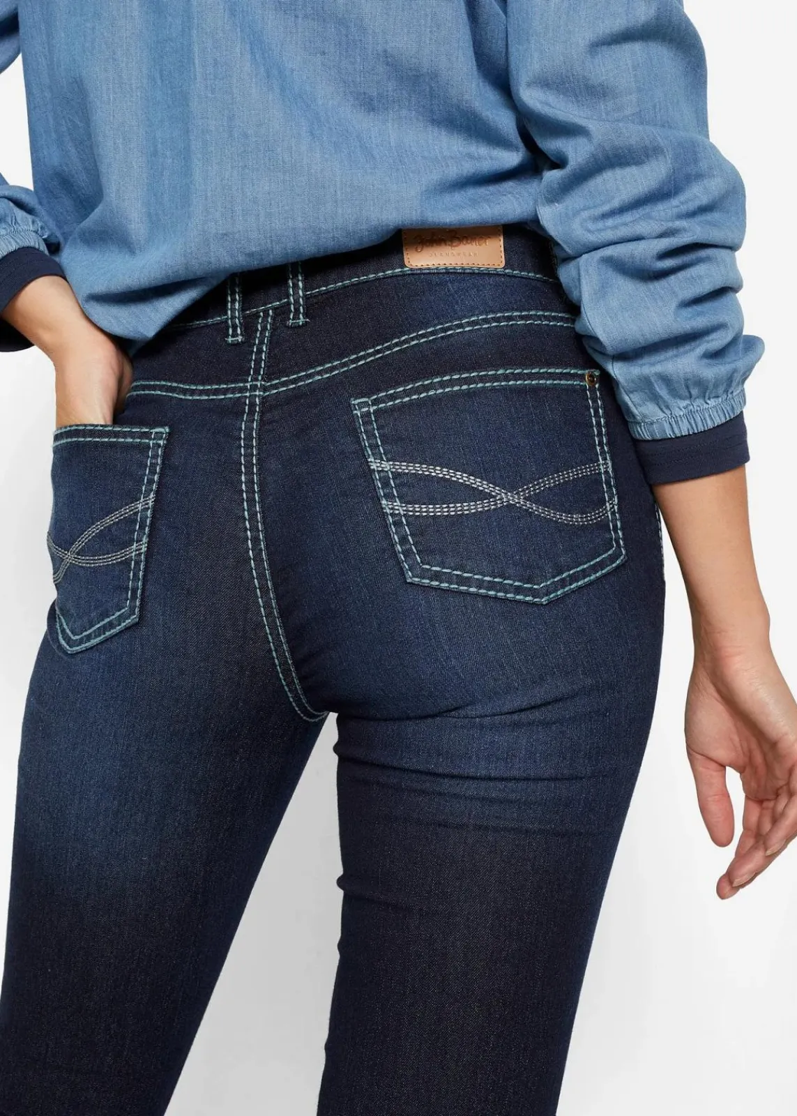 bonprix Bekleidung·Shirts & Tops|Jeans^Skinny Jeans Mid Waist, Kontrastnähte dunkelblau denim used