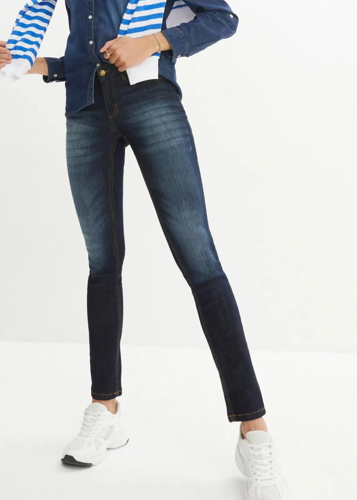 bonprix Jeans|Kurzgrößen^Skinny Jeans Mid Waist, Stretch dunkelblau used