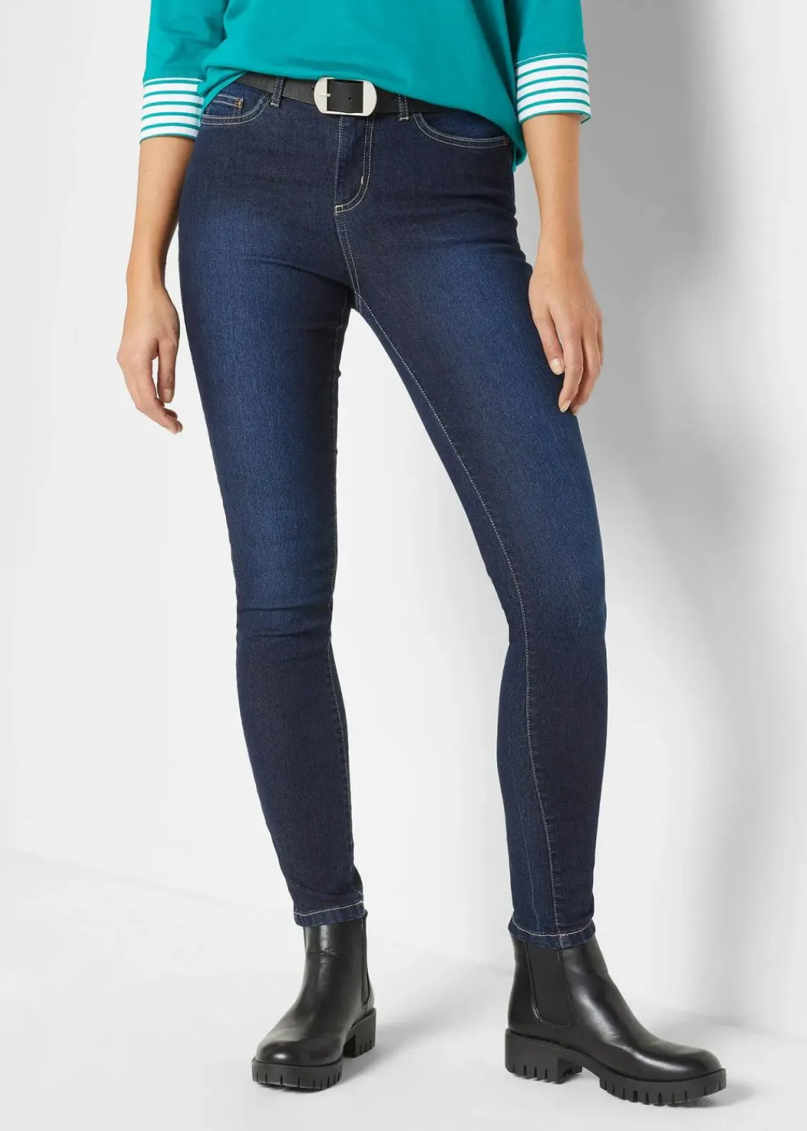 bonprix Bekleidung·Shirts & Tops|Jeans^Skinny Jeans Mid Waist, Stretch dunkelblau denim used
