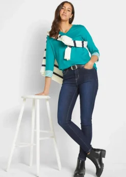 bonprix Bekleidung·Shirts & Tops|Jeans^Skinny Jeans Mid Waist, Stretch dunkelblau denim used