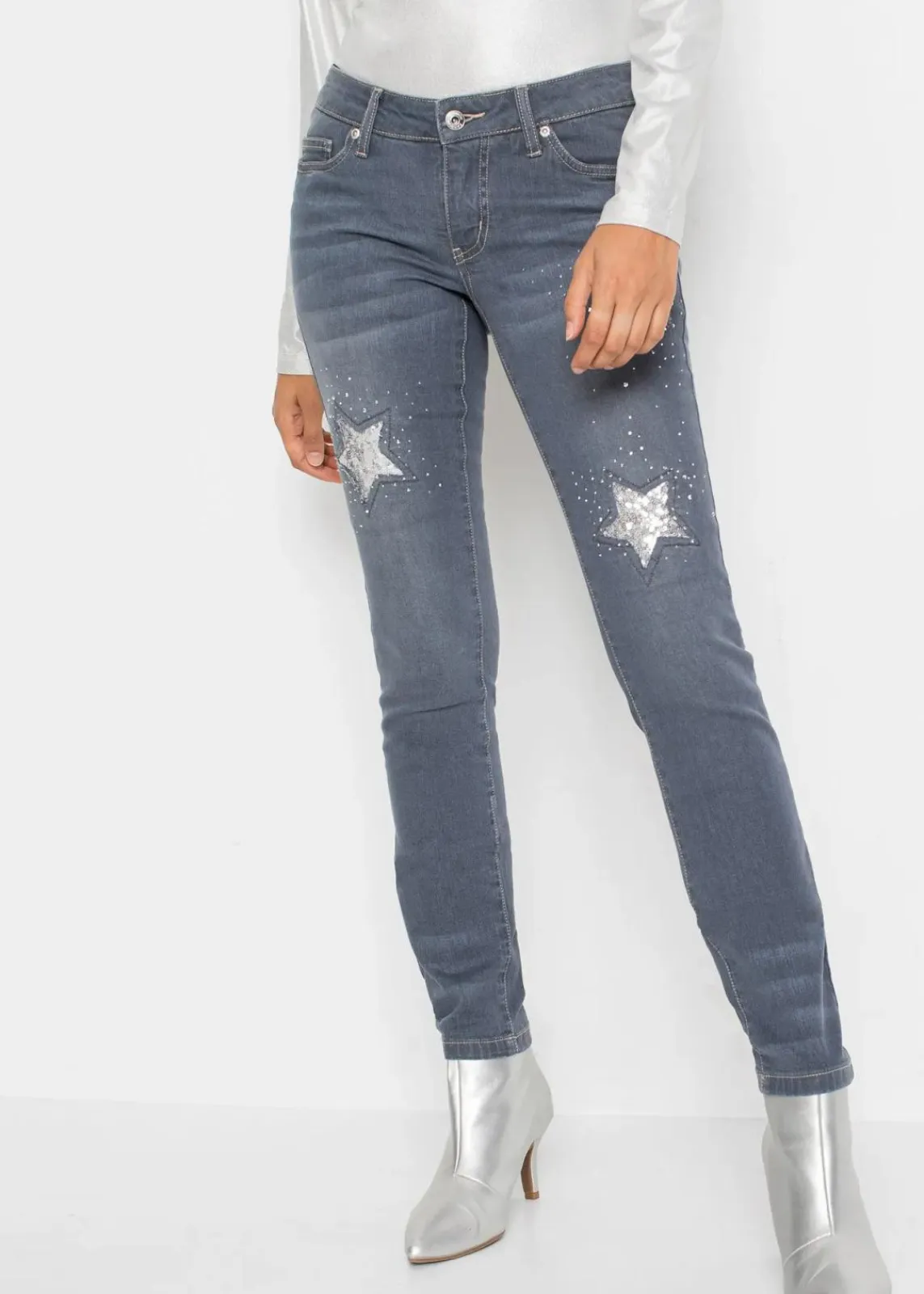 bonprix Bekleidung·Shirts & Tops|Jeans^Skinny-Jeans Low Waist mit Sternendesign blue grey denim