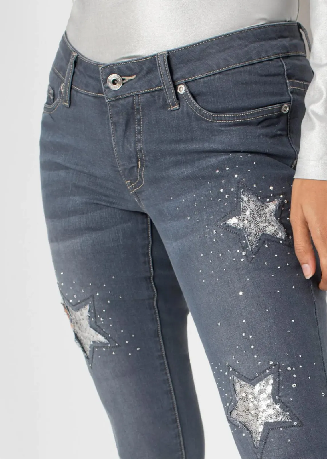 bonprix Bekleidung·Shirts & Tops|Jeans^Skinny-Jeans Low Waist mit Sternendesign blue grey denim